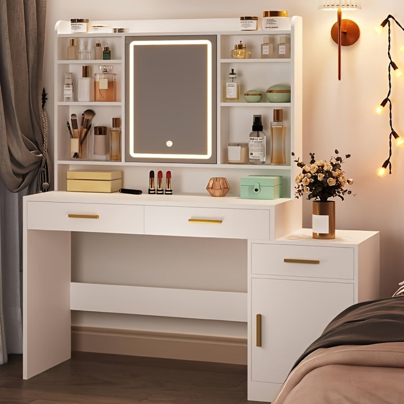 Make-up Tafel – Visagie Tafel – Schminktafel – Kaptafel – Make-up Bureau – Wit – LED Spiegel Met Drie Lichtstanden – Groot Tafelblad 130 cm
