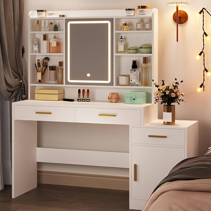Make-up Tafel – Visagie Tafel – Schminktafel – Kaptafel – Make-up Bureau – Wit – LED Spiegel Met Drie Lichtstanden – Groot Tafelblad 130 cm