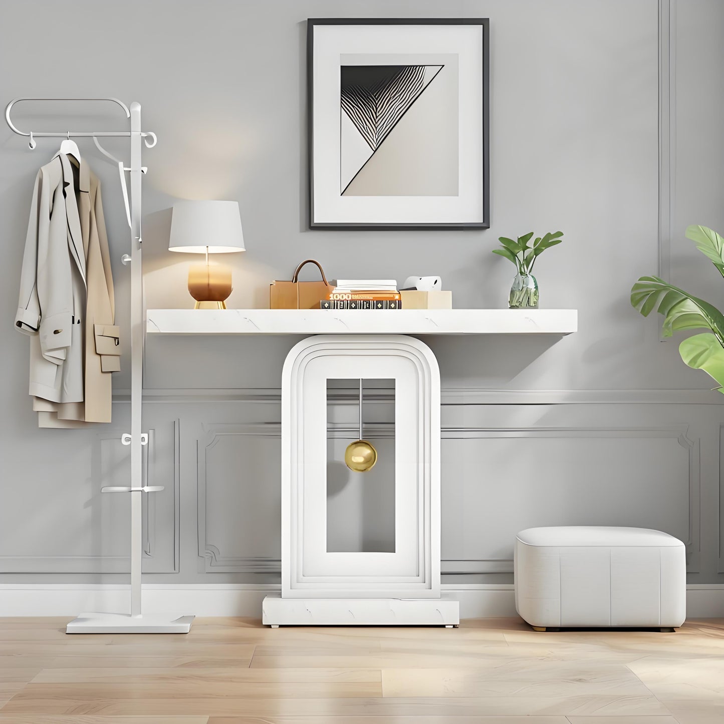 Sidetable – Console Tafel – Haltafel – Sofa Tafel – Wandtafel – Smal Ontwerp – Faux Marmeren Blad – Stevig Houten Frame – Pendelbasis – 102,87 cm Lang – Eenvoudige Montage