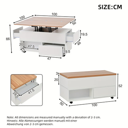 Salontafel – Koffietafel – Bijzettafel – Woonkamertafel – Tafel – Bamboe – Verstelbare Hoogte Met Lift-Top – 4 Lade Opbergruimte Met Wieltjes