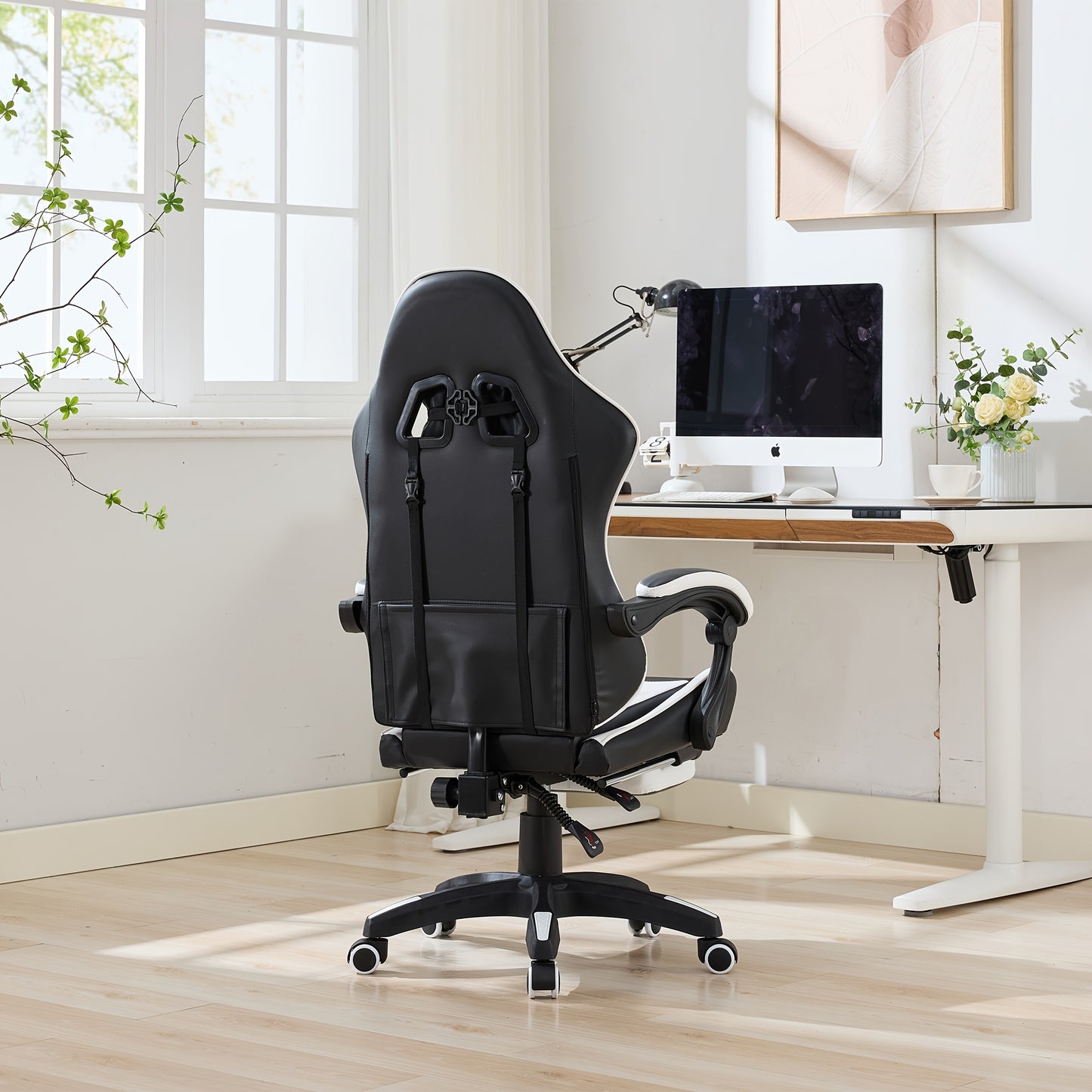 Gamingstoel – Gamestoel – Gaming Chair – Game Stoel – Bureaustoel – Ergonomisch Design – Echt Leer Hoog Rugleuning – Verstelbare Hoogte en Voetensteun – 360° Draaibaar – Zacht Roze Wit