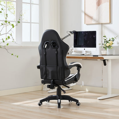Gamingstoel – Gamestoel – Gaming Chair – Game Stoel – Bureaustoel – Ergonomisch Design – Echt Leer Hoog Rugleuning – Verstelbare Hoogte en Voetensteun – 360° Draaibaar – Zacht Roze Wit