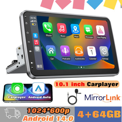 ESSGOO 4+64G Auto Radio Android 14.0 Rotatable  Stereo Single DIN Fit 10.1 Inch/25.56cm Split Screen with Wireless Carplayer & Android Auto, WiFi FM Radio with ASP Sound Setting, SWC Mirror Link Intelligent System, Support Re