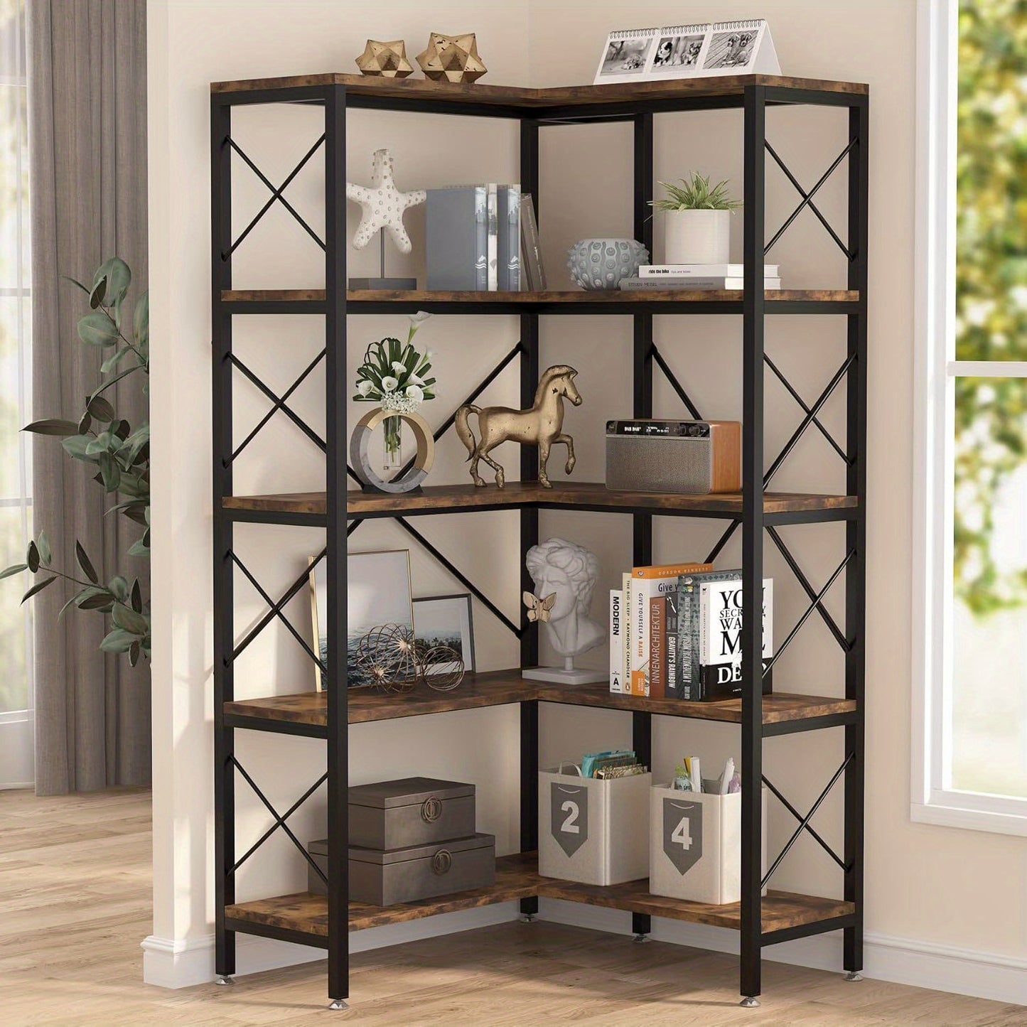 Industriële Hoek Boekenkast – Boekenplank – Opslagrek – Display Rek – Opbergmeubel – Rustiek Modern – Met Metaalframe & Houten Planken – Verstelbare Voetjes & X-Bar Stabiliteit