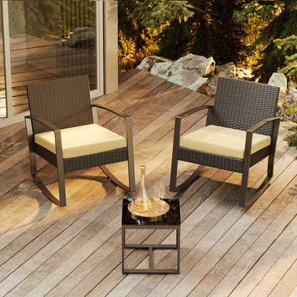 3-delig PE Rattan Loungeset Outdoor – Tuinmeubelset, Balkonmeubilair, Wicker Sofa, Lounge Stoelen – All-Weather Bestendig, Met Glas Tafelblad – Beige Kleurvariant