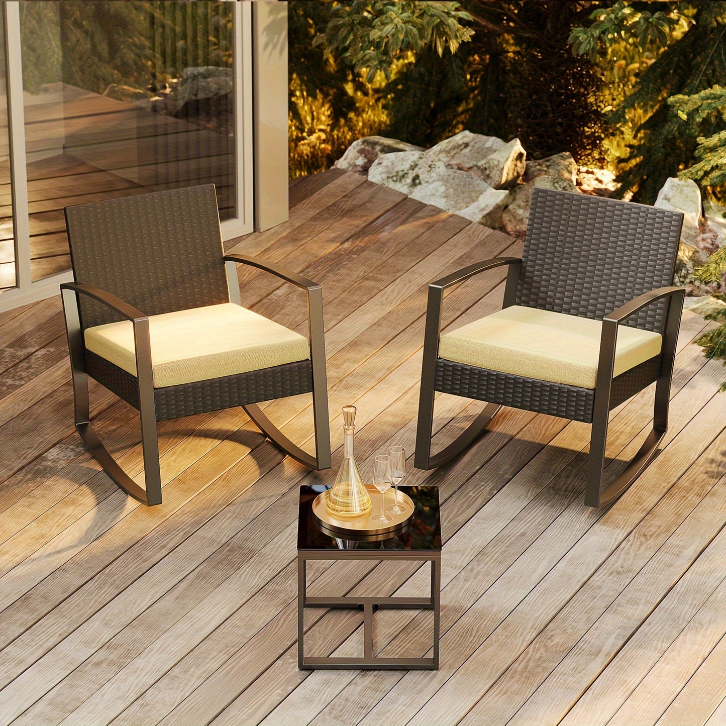 3-delige All-Weather PE Rotan Lounge Set – Tuinmeubel Set, Patio Meubilair, Buiten Sofa, Tuinstoelen – Met Kussens, Metaal Frame – Glas Tafelblad, 181kg Draagkracht – Blauw