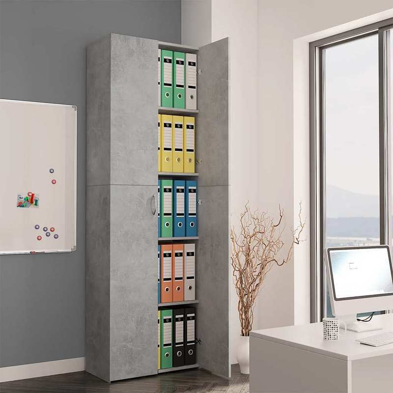 Opbergkast – Opbergmeubel – Kantoor Kast – Studeerkamer Kast – Houten Kast – Beton Grijs – 60x32x190 cm – Duurzaam Hout – Ruim Opberggemak