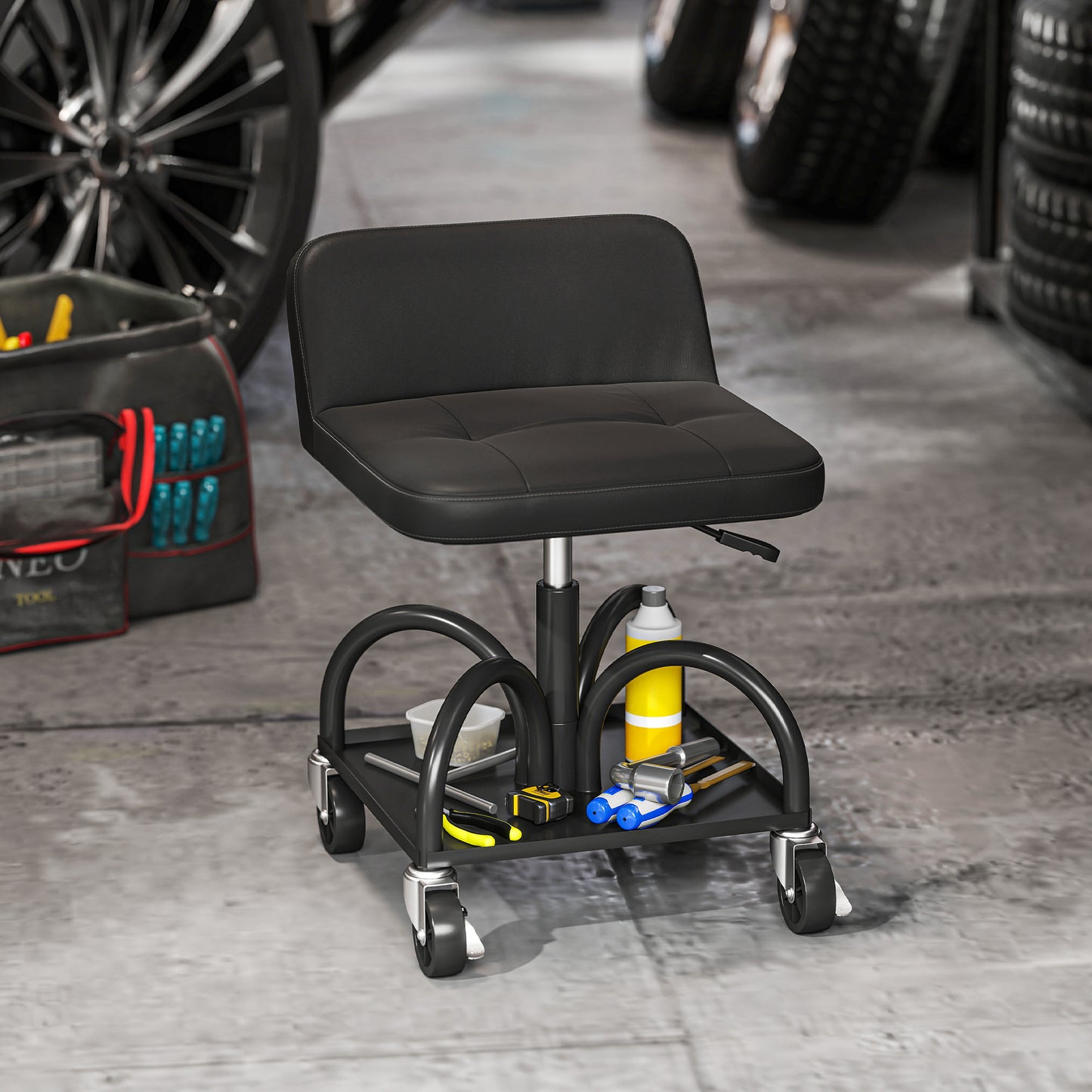 Werkplaatskruk – Werkkruk – Werkbankkruk – Werkstoel – Wielenkruk – Met Opbergrek – 58,5 cm Hoog – Draagvermogen 135 kg – Zwart Metalen Frame