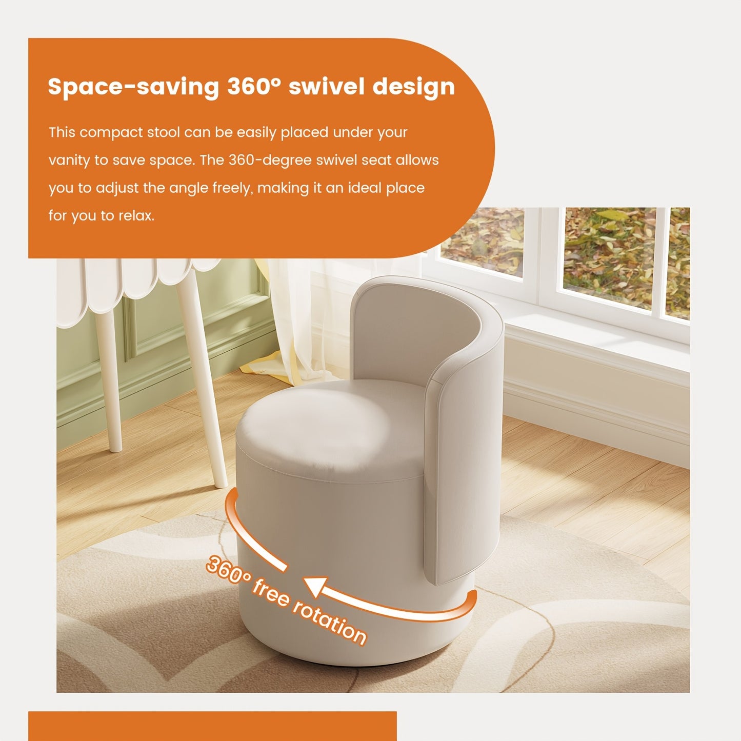 Dressoirstoel – Draaikruk – Make-up Stoel – Bureaustoel – Fauteuil – 360° Draaibaar – Zacht Kussen – Compact Rond Design – Beige Grijs – Met Rugleuning en Voetensteun