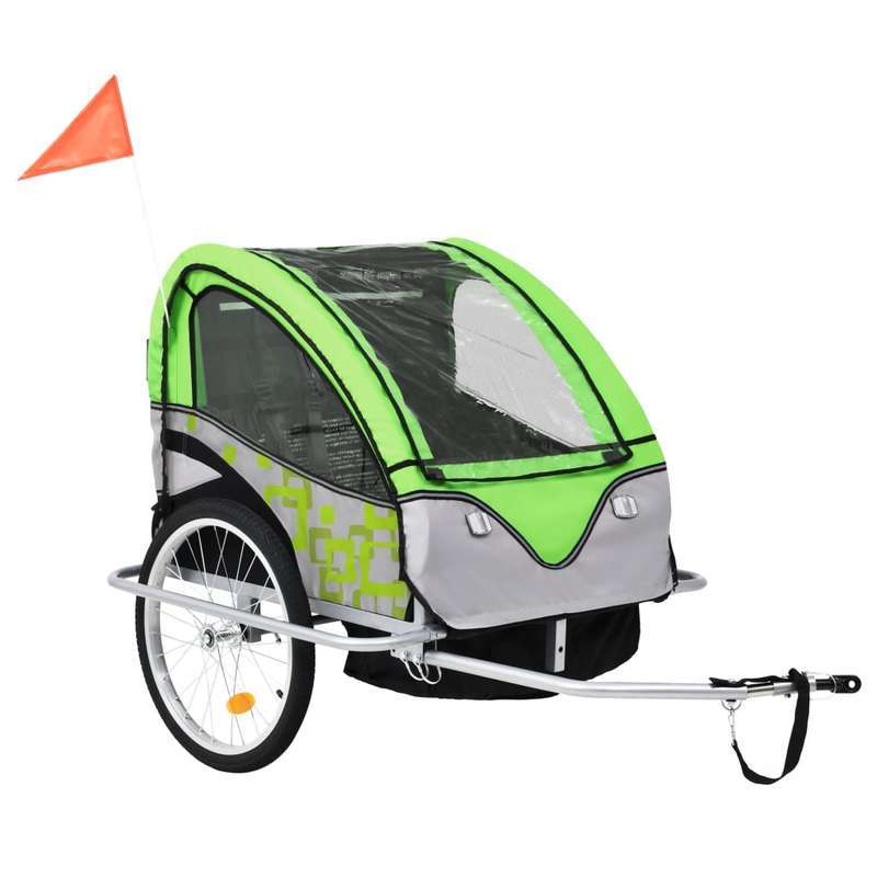 Fietskar – Kinderfietskar – Wandelwagen – Buggy – Fietsaanhanger – 2-in-1 Multifunctioneel – Duurzaam Denimmateriaal – Groen en Grijs