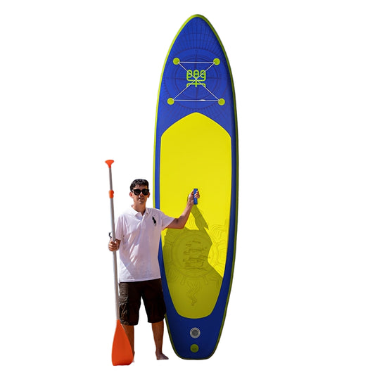 Supboard – Paddleboard – Stand Up Paddle – SUP Plank – Inflatable SUP – Extra Groot 350x87x15 cm – Draagkracht 190+ kg – Complete Set Met Pomp – Duurzaam PVC – Blauw Geel