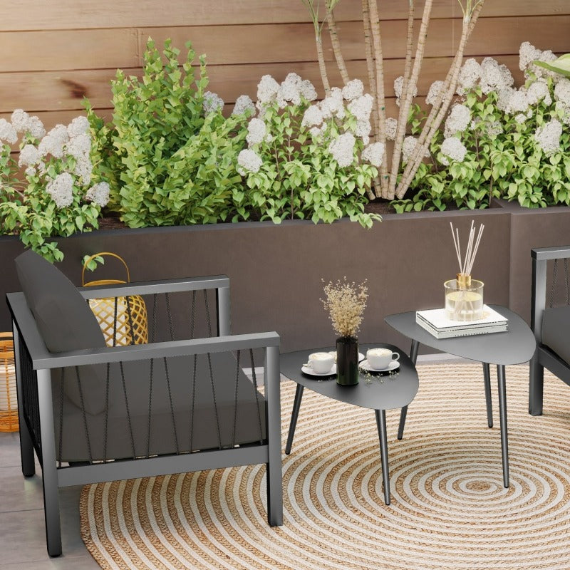 Buiten Tafel Set – Tuin Bijzettafel – Balkon Tafel – Patio Meubel – Buitenmeubelen – Stalen Frame – Marmer Look Blad – Geometrisch Design – Eenvoudige Montage
