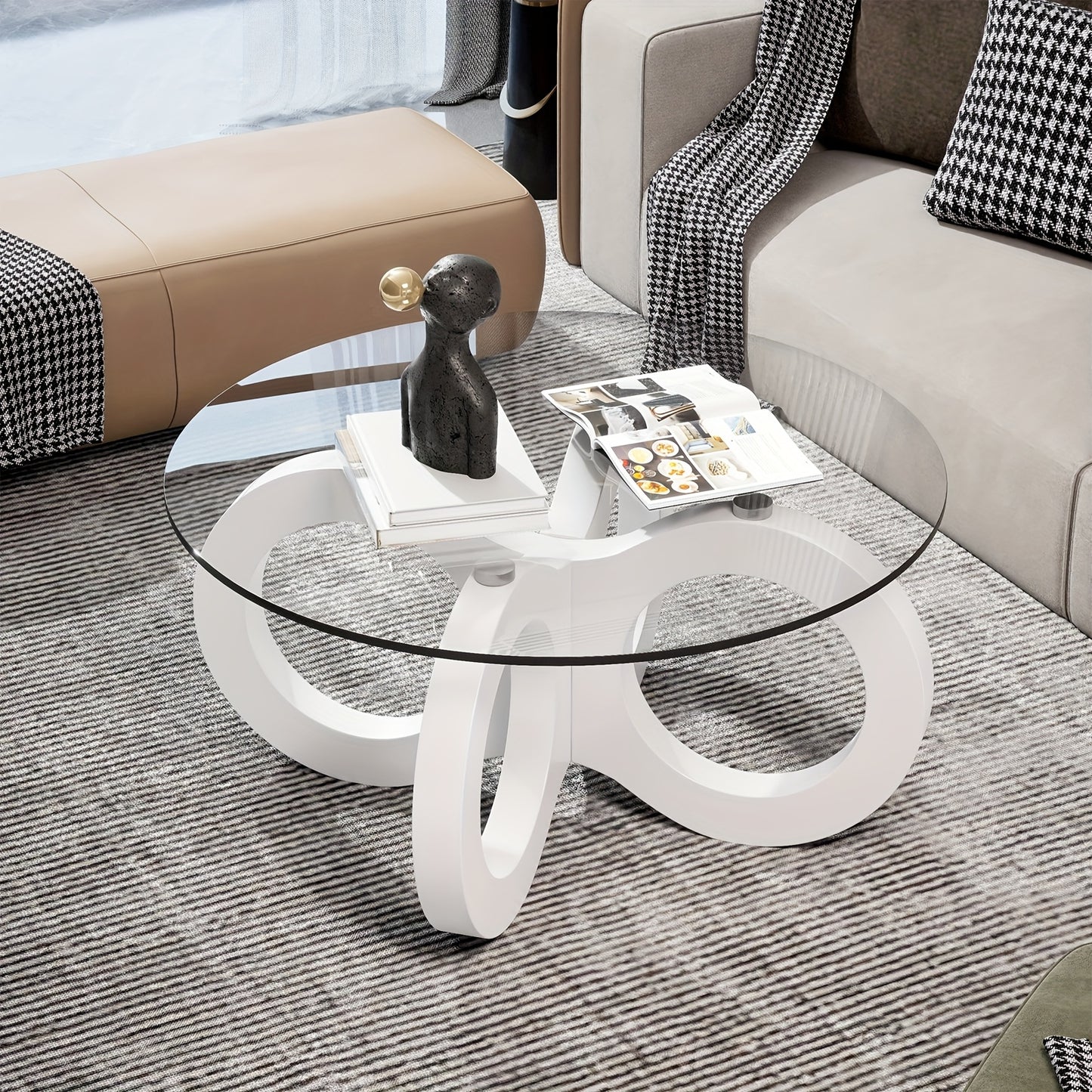 Koffietafel – Salontafel – Bijzettafel – Woonkamertafel – Rondetafel – Modern Design – Wit Glas – Ruimtebesparend – Sculpturale Oneindigheidsbasis – Diameter 80 cm – MDF & Metaal