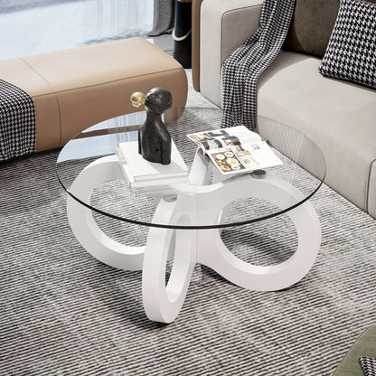 Koffietafel – Salontafel – Bijzettafel – Woonkamertafel – Rondetafel – Modern Design – Wit Glas – Ruimtebesparend – Sculpturale Oneindigheidsbasis – Diameter 80 cm – MDF & Metaal