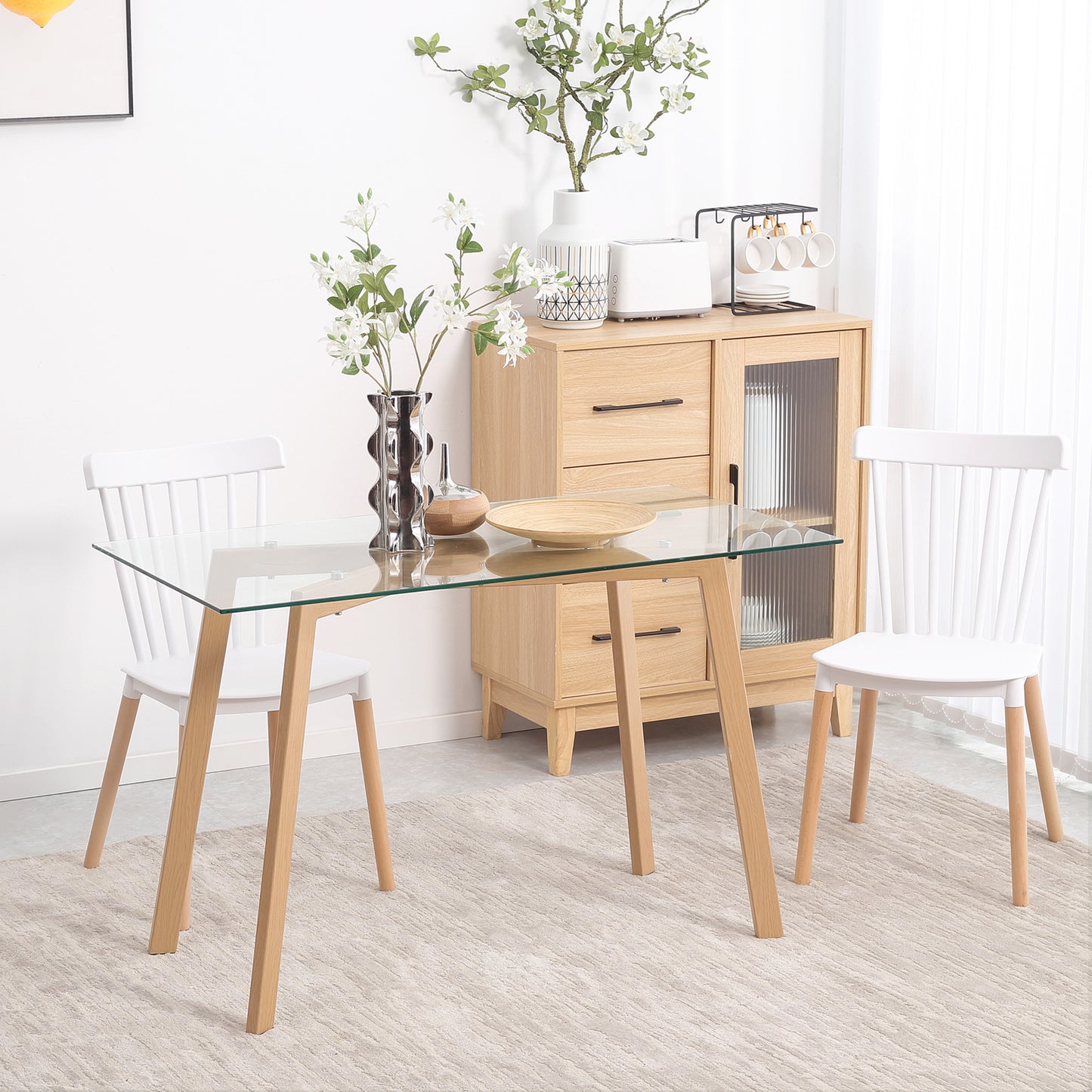Eetkamertafel – Tafel – Eettafel – Dinertafel – Werktafel – Transparant Glasblad – Staal Frame – 120x60x76 cm – Houtlook Afwerking