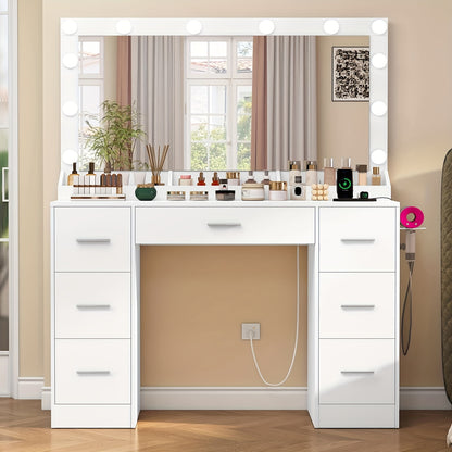 Make-uptafel – Make-uptafel – Visagietafel – Schoonheidstafel – Make-uptafel wit – Verlichte spiegel met 12 LED – Ingebouwd stopcontact en 7 lades