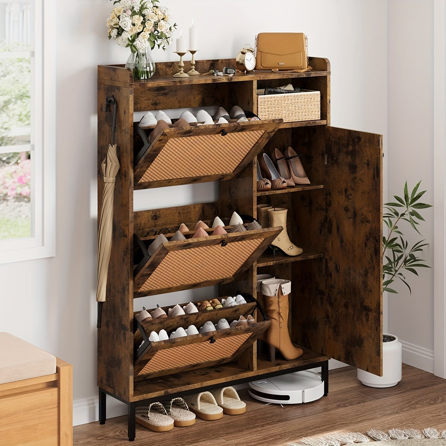 Schoenenkast – Schoenenrek – Schoenenopberger – Halmeubel – 3 Lades Met Rieten Front – Verstelbare Planken & Metalen Knoppen – Smal Vrijstaand Design – Vintage Stijl