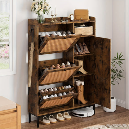 Schoenenkast – Schoenenrek – Schoenenopberger – Halmeubel – 3 Lades Met Rieten Front – Verstelbare Planken & Metalen Knoppen – Smal Vrijstaand Design – Vintage Stijl