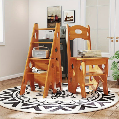 Opvouwbare 4-Traps Librarisladder – Houten Trapje – Opklapbare Ladder – Boekenkastladder – Bloemenrek – Duurzaam Hardhout – Ruimtebesparend en Multifunctioneel – Honingkleur