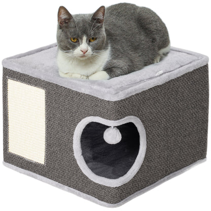 Krabton Kattenhuis Kattenkrabpaal Kattenmeubel Kattenhoek – Donkergrijs – Inclusief 2 Kussens – Sisal Krabvlak – Compact 45x45x35 cm – Pluche Zacht