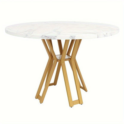 Ronde Eettafel – Rond Tafel – Eettafel Rond – Ronde Tafel – Moderne Eettafel – Wit Marmerlook Blad – Stevige Gouden A-Frame Poten