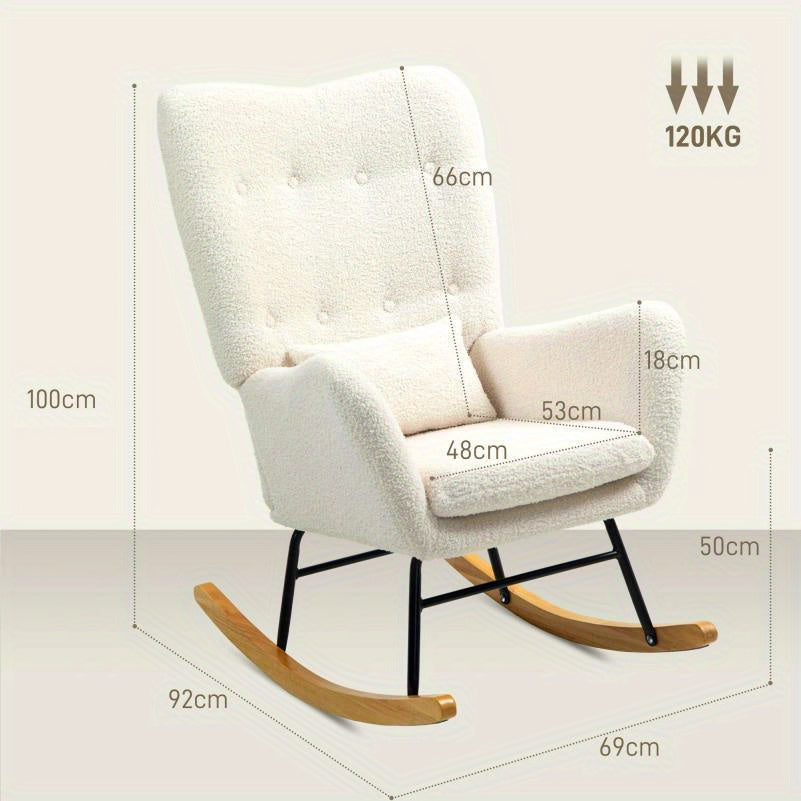 Schommelstoel – Relaxstoel – Fauteuil – Voedingsstoel – Schommelstoel Babykamer – Teddy Stof – Pluche Kussen – Opvouwbaar & Stapelbaar – Stevig Houten Frame & Zachte Schommelbeweging