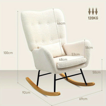 Schommelstoel – Relaxstoel – Fauteuil – Voedingsstoel – Schommelstoel Babykamer – Teddy Stof – Pluche Kussen – Opvouwbaar & Stapelbaar – Stevig Houten Frame & Zachte Schommelbeweging