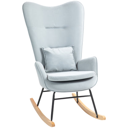 Schommelstoel – Relaxstoel – Fauteuil – Voedingsstoel – Loungestoel – Velours Bekleding – Inclusief Lendenkussen – Belastbaar Tot 120 Kg – Lichtgrijs – 67x85x112 cm