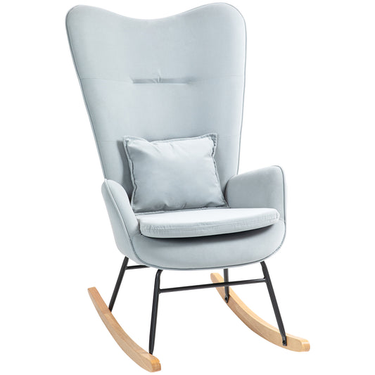 Schommelstoel – Relaxstoel – Fauteuil – Voedingsstoel – Loungestoel – Velours Bekleding – Inclusief Lendenkussen – Belastbaar Tot 120 Kg – Lichtgrijs – 67x85x112 cm
