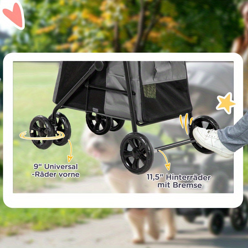 Hondenwandelwagen – Hondenbuggy – Hondenkar – Huisdierwagen – Kattenbuggy – Inklapbaar – 600D Oxford Stof – Met Zachte Kussens – Tot 20 kg – Grijs