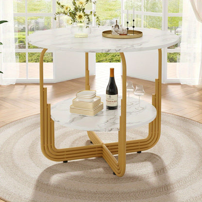 Eettafel – Ronde Tafel – Dinertafel – Keukentafel – Bistrotafel – Wit Marmerlook Blad – Goudkleurig Metalen Frame – Ø 80 x 76 cm – Inclusief Opbergplateau