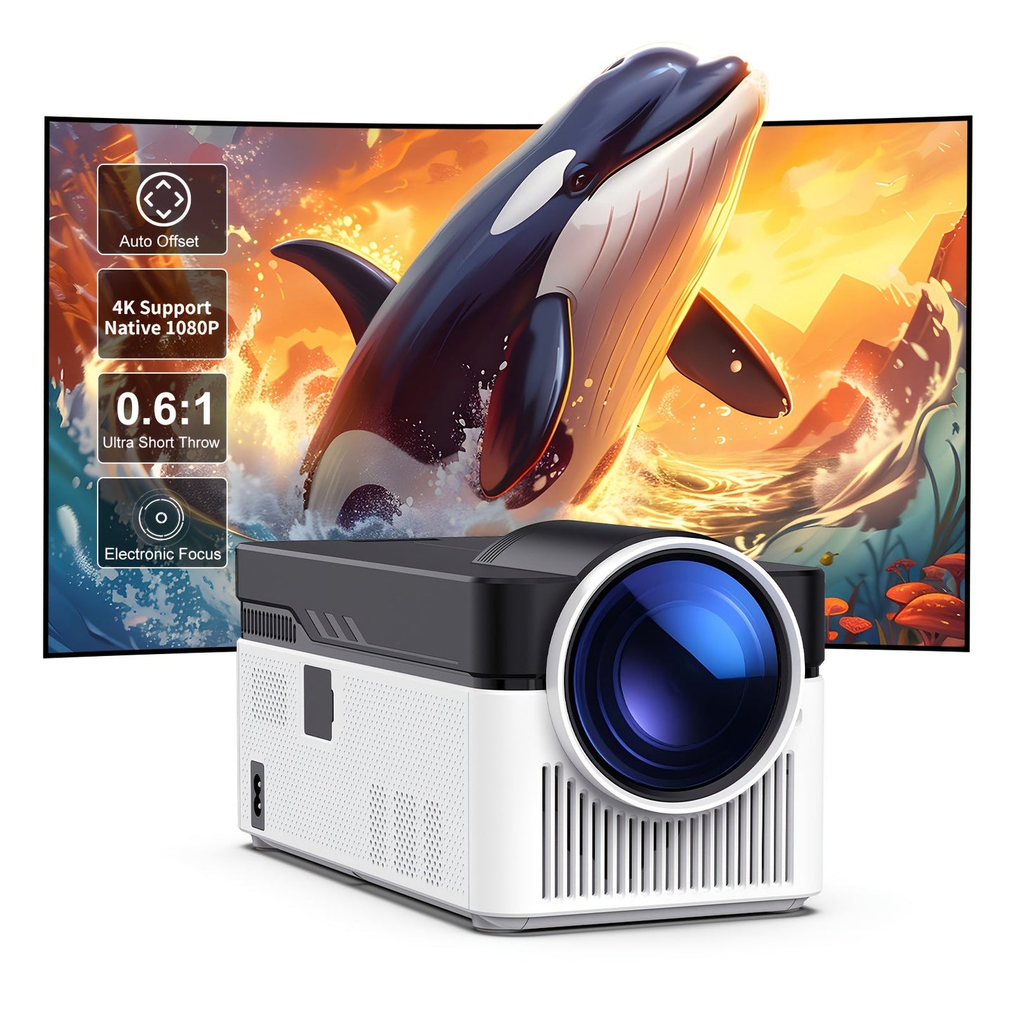 Beamer – Mini Beamer – Projector – Smart Projector – Ultra Short Throw – Native 1080P Full HD – Android 11 Met WiFi 6 & Elektronische Focus