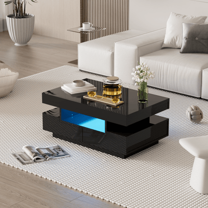 Salontafel – Koffietafel – Bijzettafel – Nachtkastje – Woonkamertafel – Hoogglans Zwart – Vier Lades & Opbergruimte – Ingebouwde Blauwe LED Sfeerlicht