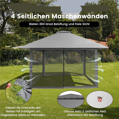 4x4m Pop-Up Vouwpaviljoen – Vouwtent – Tuinpaviljoen – Partytent – Schaduwdoek – UV Bescherming 50+ – Verstelbare Hoogte – Inclusief Draagtas Met Wieltjes – Grijs