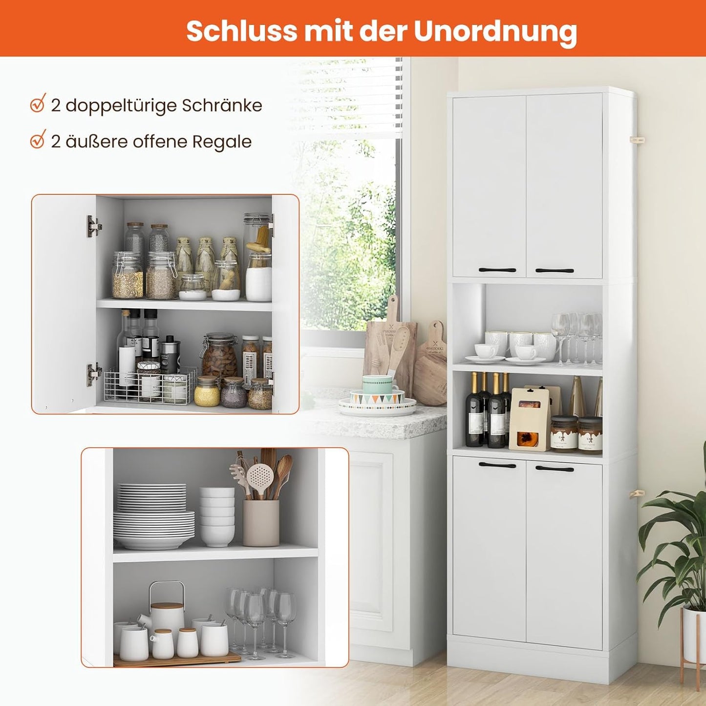 Opbergkast – Hoge Kast – Keukenkast – Dichte Deuren Kast – Open Planken Kast – 190 cm Hoog – Anti-Kantelbeveiliging & Stevig MDF Materiaal – Wit Naturel