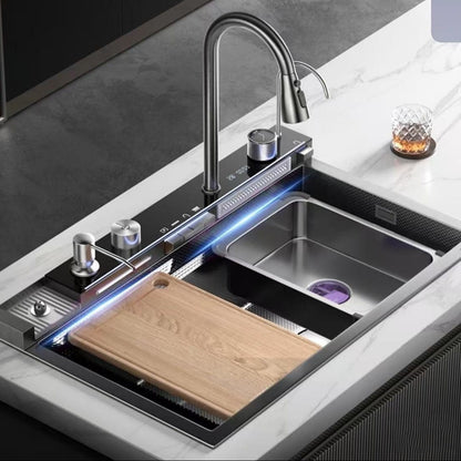 Keukenspoelbak – Spoelbak – Gootsteen – Wasbak – Enkele Kom – Grote Afmeting 68x45x22 cm – RVS Met Nano Coating – Onderbouw Met Rechts Afvoer – Gunmetal Grijs Met Watervalkraan