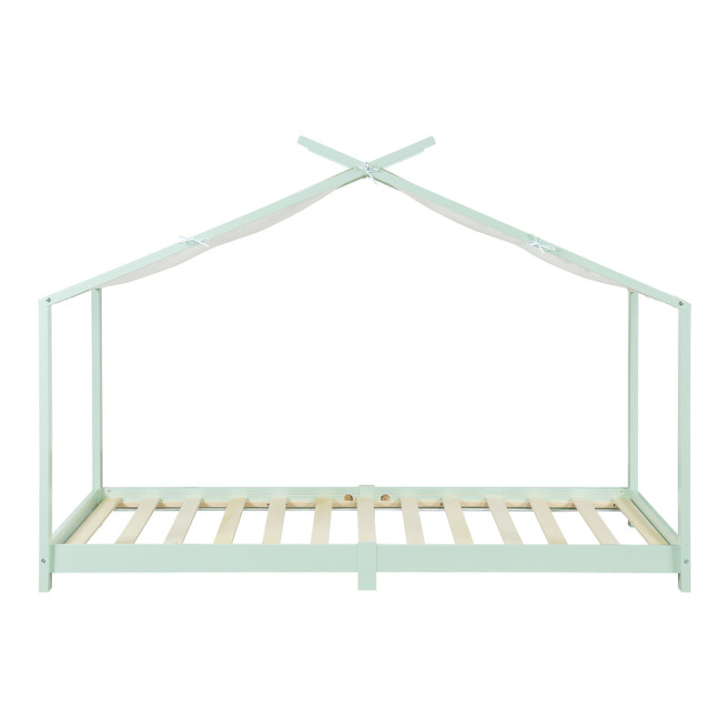 Kinderbed Huisbed – Bedhuisje – Kids Bed – Speelbed – Jongensbed – Mintgroen – 90 x 200 cm – Massief Dennenhout – Afneembaar Stoffen Dak