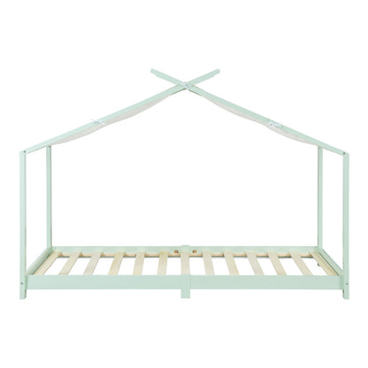 Kinderbed Huisbed – Bedhuisje – Kids Bed – Speelbed – Jongensbed – Mintgroen – 90 x 200 cm – Massief Dennenhout – Afneembaar Stoffen Dak