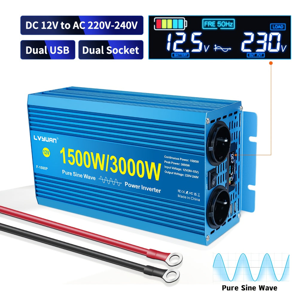 Omvormer – Spanningsomvormer – Stroomomvormer – Inverter – Converter – 12V/24V DC naar 220V AC – Zuivere Sinusgolf – 1500W Continu / 3000W Piek – LCD Display – Duale AC Stopcontacten & USB Poorten