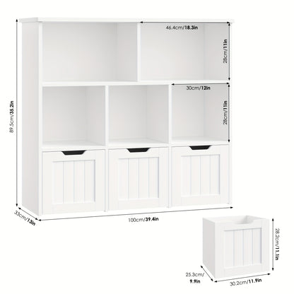 Opbergkast – Boekenkast – Opbergmeubel – Ladenkast – Kast Met Laden – Wit MDF – 3 Laden Op Wieltjes – 5 Open Vakken – 100x33x89,5 cm