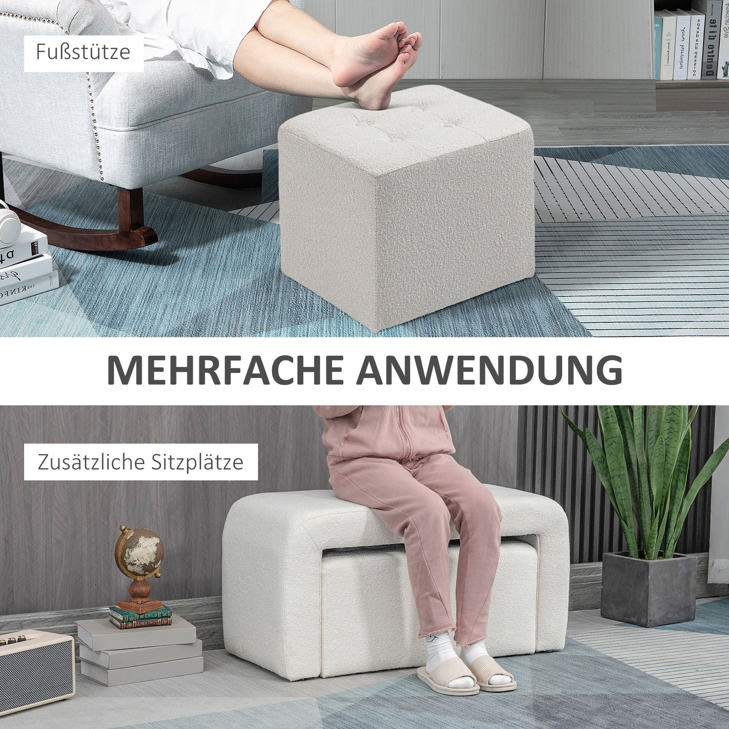 Poef Set – Ottoman – Voetenbankje – Zitelement – Bijzetpoef – Crème – 3-Delig – Button Tufted Design – 89x42,5x45 cm