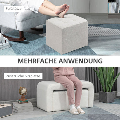 Poef Set – Ottoman – Voetenbankje – Zitelement – Bijzetpoef – Crème – 3-Delig – Button Tufted Design – 89x42,5x45 cm