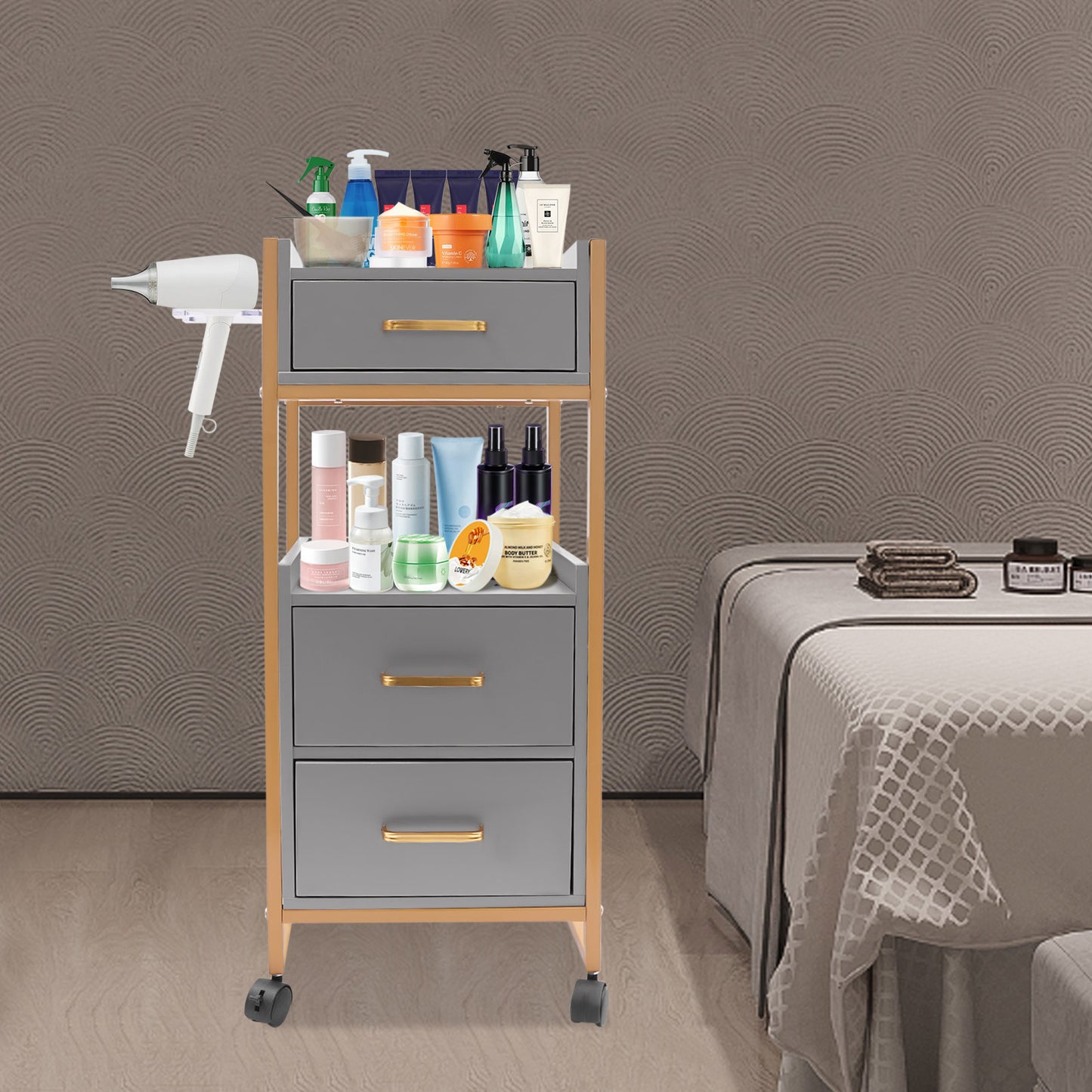 Kapperswagen – Kappers Trolley – Werkwagen – Salonwagen – Opbergtrolley – Met 3 Lades & 2 Open Legplanken – Stevig Metalen Frame & Makkelijk Verplaatsbaar Op Wieltjes