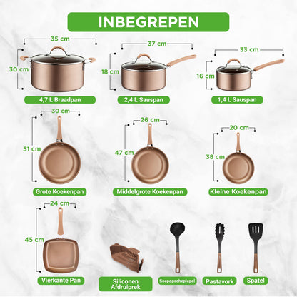 Pannenset – Kookset – Koekenpannen – Kookpannen – Braadpan – 14-delig – Aluminium met Anti-aanbaklaag – Geschikt voor Inductie – Gouden Uitvoering