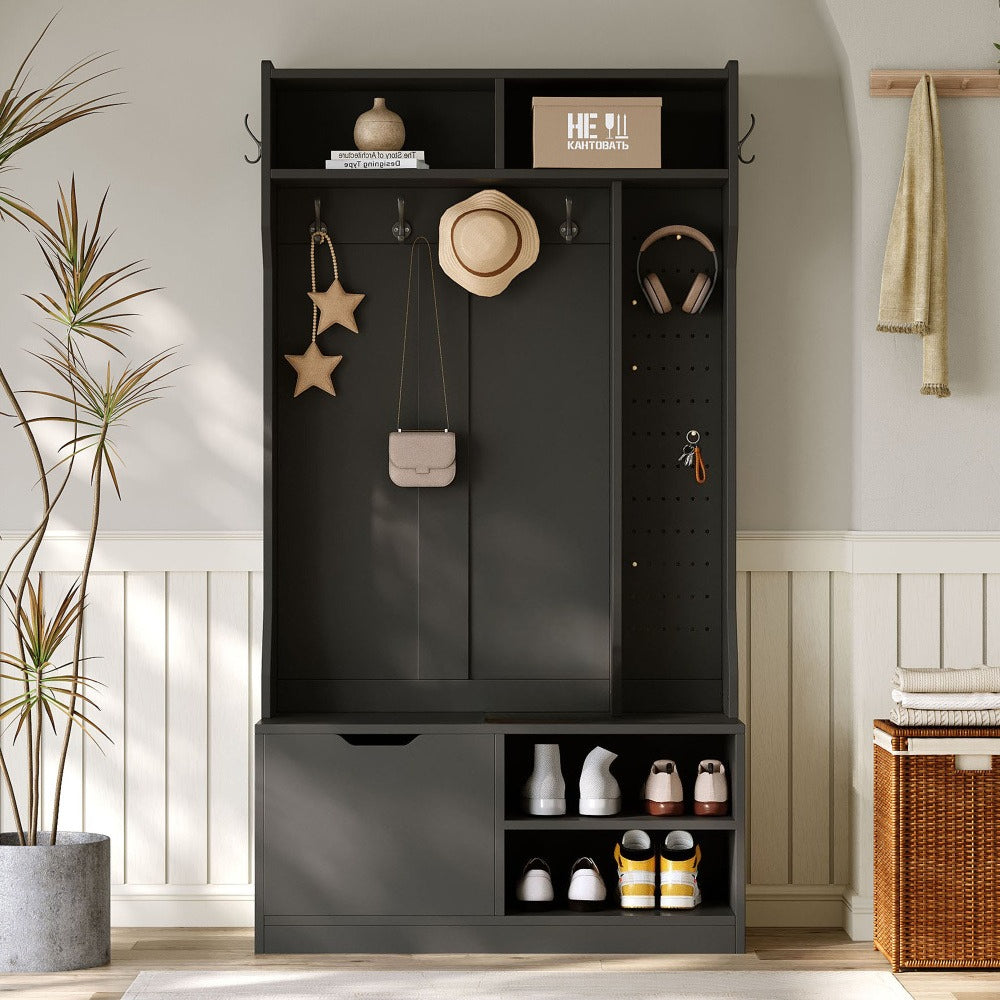 Kapstok – Halmeubel – Garderoberek – Wandkapstok – Staande Kapstok – Met Zitbank en 6 Haken – Zwart 100x185,5x40 cm – Compact en Ruim Opbergmeubel