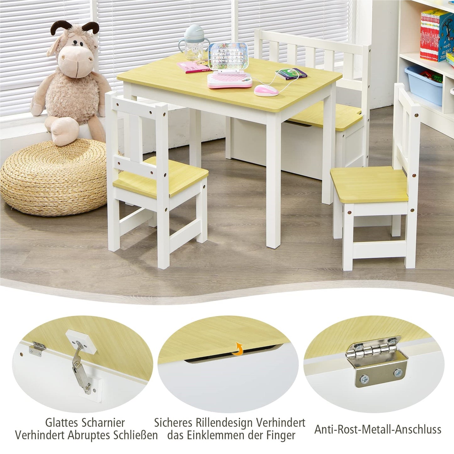 Kinderzitset – Kindertafel Set – Kindertafel Met Stoeltjes – Houten Kindertafel – Opbergbankje – Natuurlijk Grenen Hout – Met Opbergruimte En Ergonomisch Design
