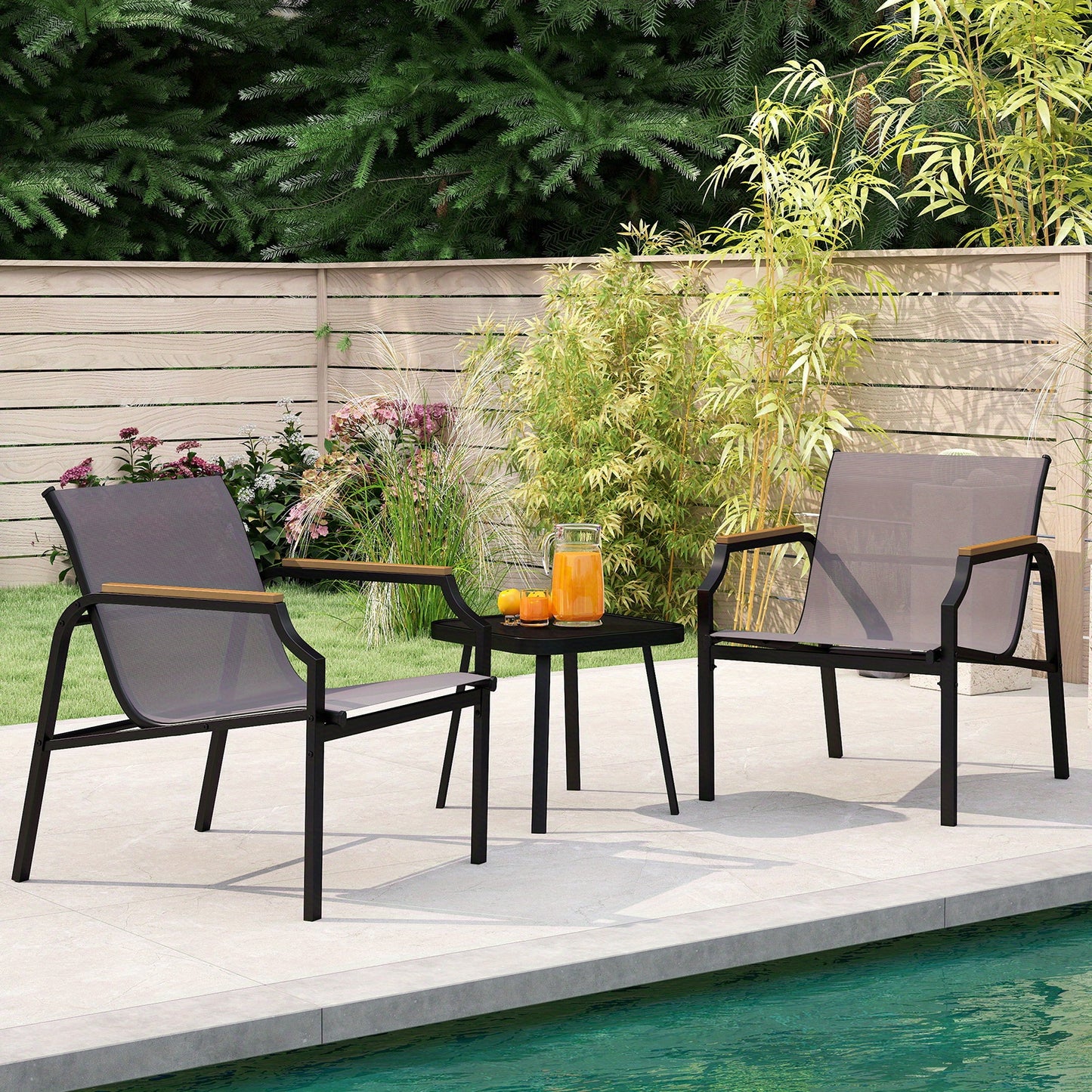 3-delig Tuinset – Tuinstoel – Balkonmeubel – Terrasstoel – Bijzettafel – Metalen Frame – Ademend Snel Droog Stof – Hout-Kunststof Armleuningen