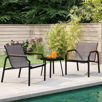 3-delig Tuinset – Tuinstoel – Balkonmeubel – Terrasstoel – Bijzettafel – Metalen Frame – Ademend Snel Droog Stof – Hout-Kunststof Armleuningen