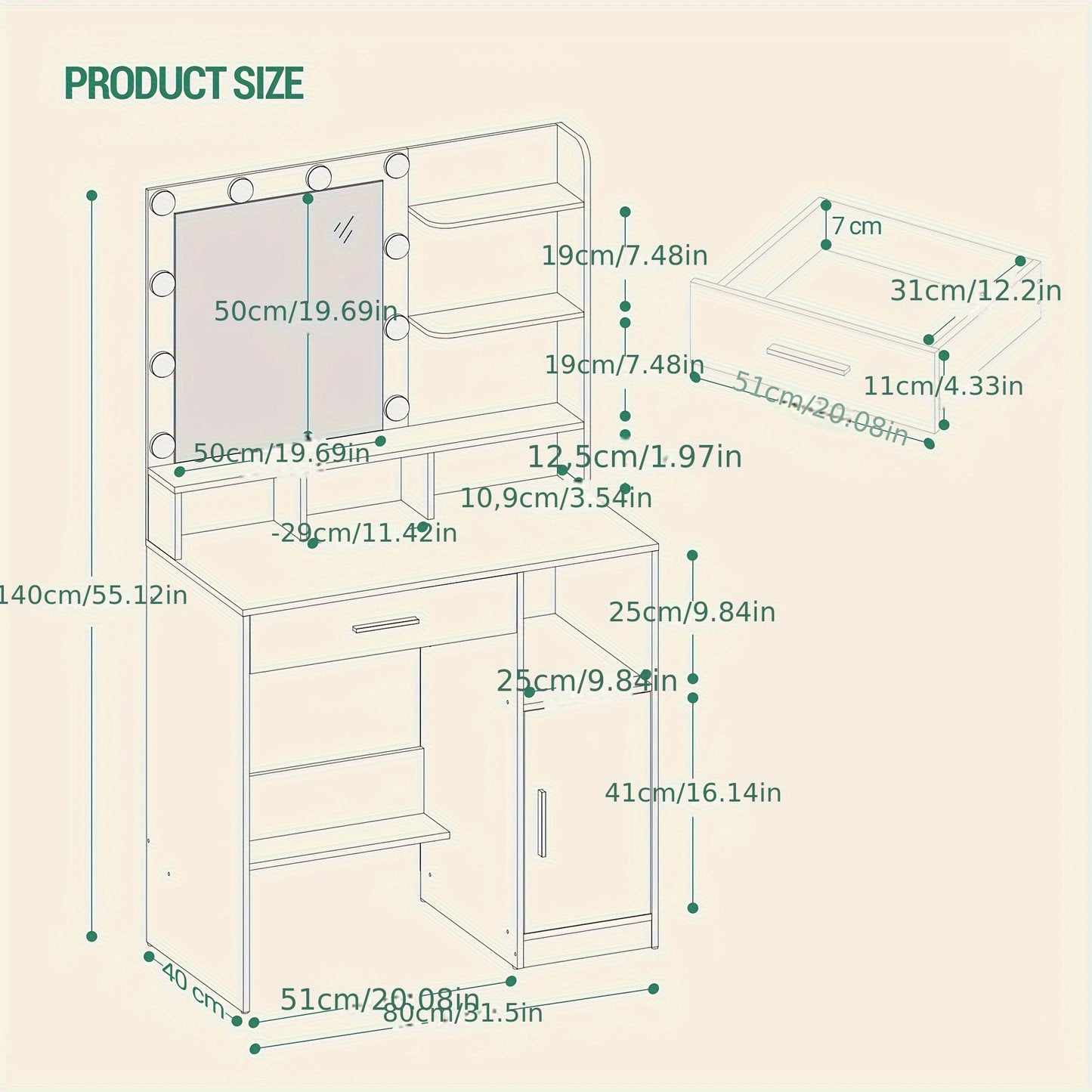 Make-up Tafel – Kaptafel – Schminktafel – Vanity Table – Make-up Bureau – Greige Kleur – 10 LED Verlichting Met 3 Dimbare Standen – 3 Open Planken & 4 Vakken Met Grote Lade