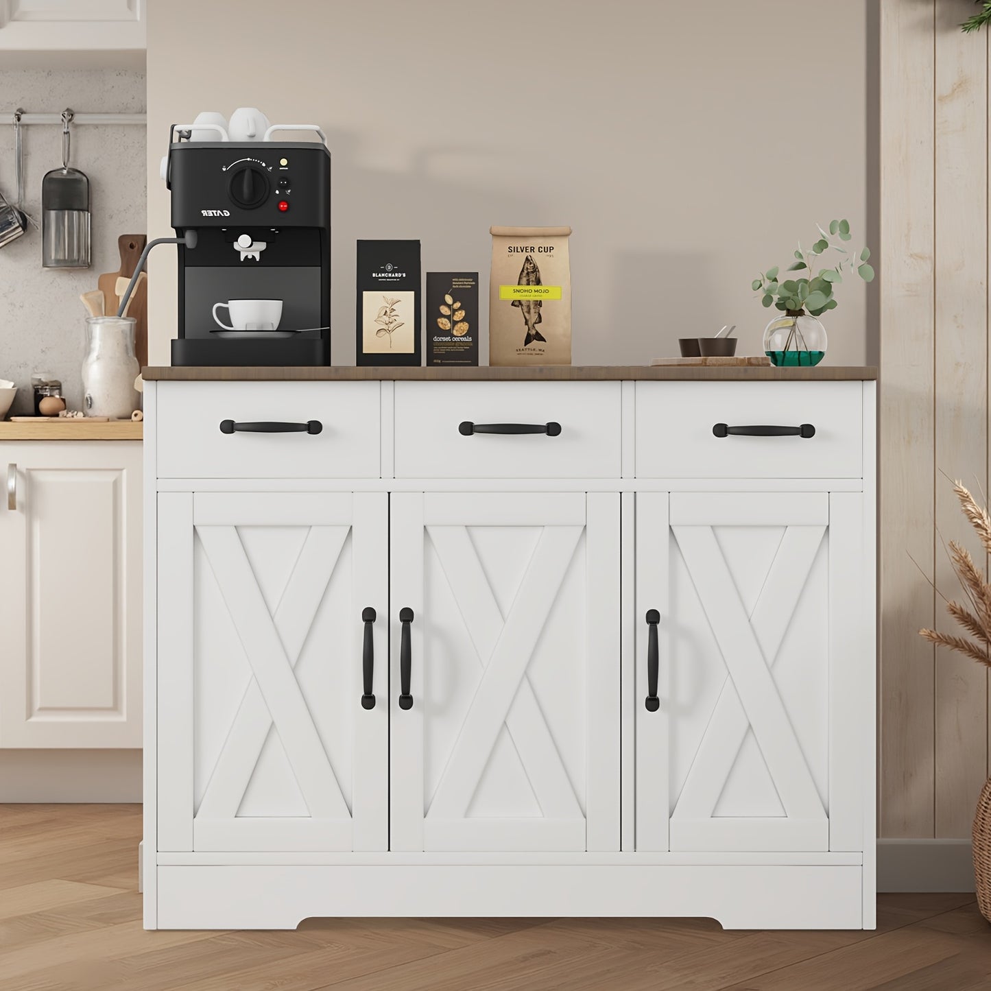 Dressoir – Sideboard – Opbergkast – Wandmeubel – Wit Zwart – 3 Laden en 3 Deuren – Verstelbare Planken – Anti-Kantelbeveiliging